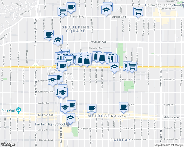 map of restaurants, bars, coffee shops, grocery stores, and more near 7624 Santa Monica Boulevard in West Hollywood
