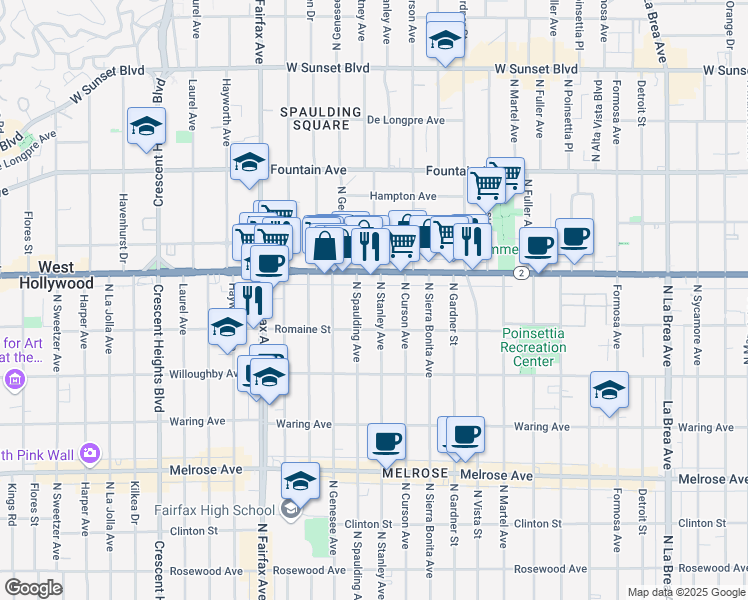 map of restaurants, bars, coffee shops, grocery stores, and more near 7624 Santa Monica Boulevard in West Hollywood