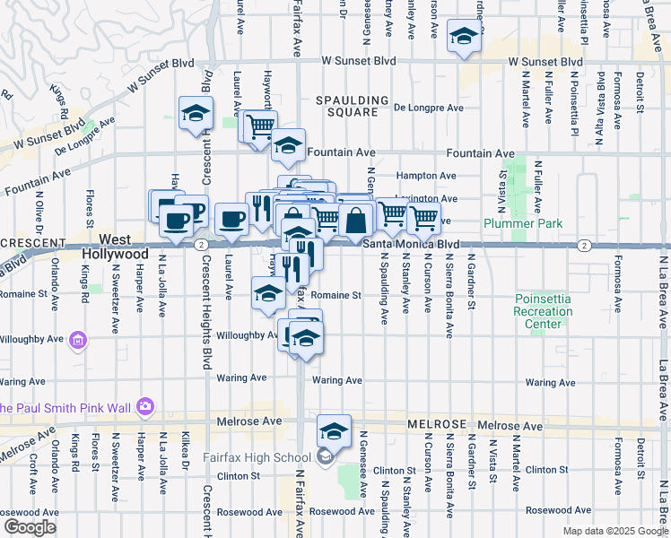 map of restaurants, bars, coffee shops, grocery stores, and more near 1062 North Orange Grove Avenue in West Hollywood