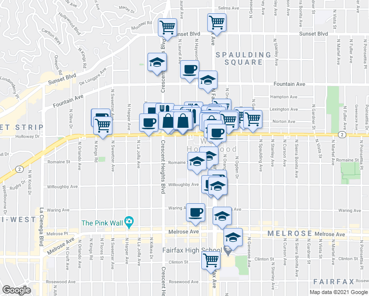 map of restaurants, bars, coffee shops, grocery stores, and more near 7960 Santa Monica Boulevard in West Hollywood