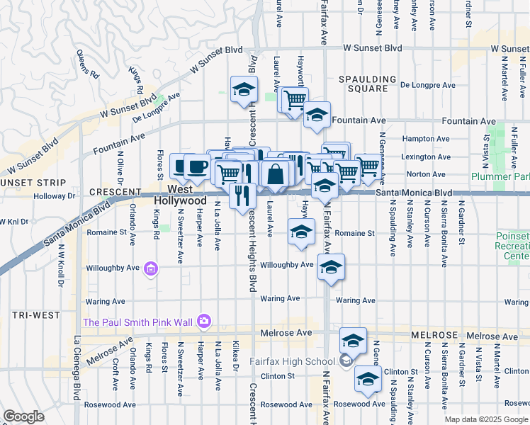 map of restaurants, bars, coffee shops, grocery stores, and more near in West Hollywood