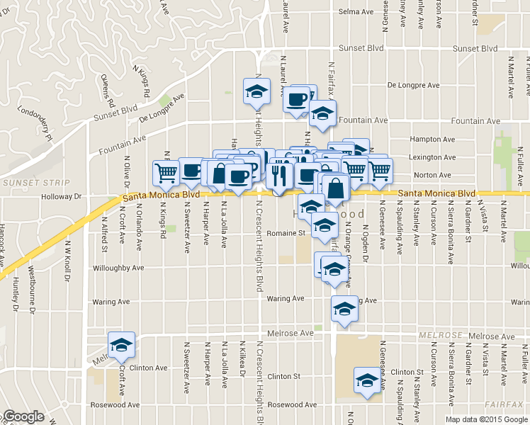 map of restaurants, bars, coffee shops, grocery stores, and more near in West Hollywood