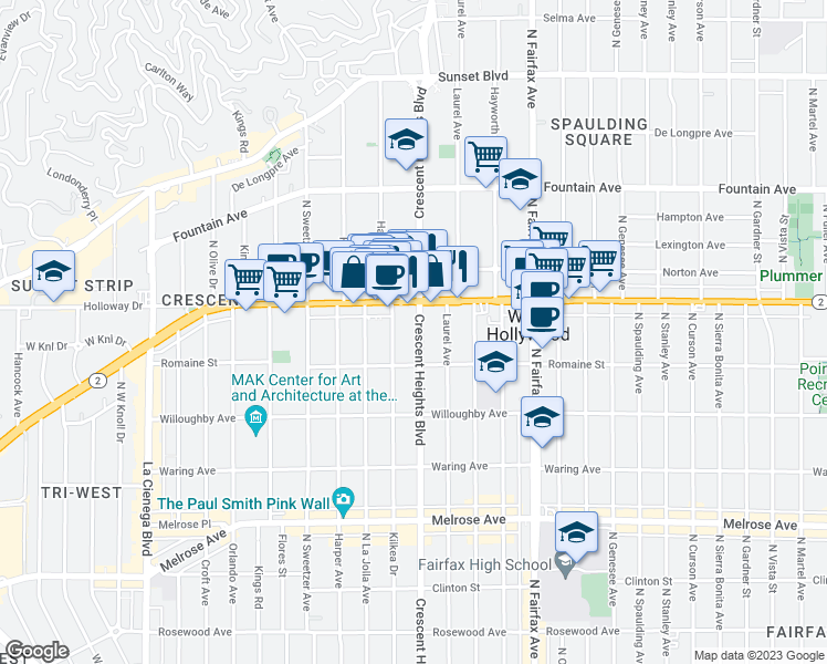 map of restaurants, bars, coffee shops, grocery stores, and more near 8120 Santa Monica Boulevard in West Hollywood