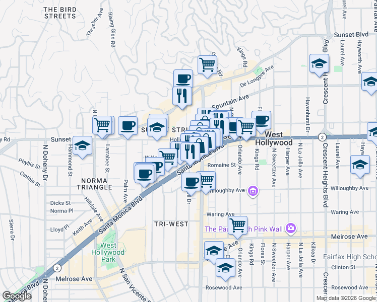map of restaurants, bars, coffee shops, grocery stores, and more near 8510 Holloway Drive in West Hollywood
