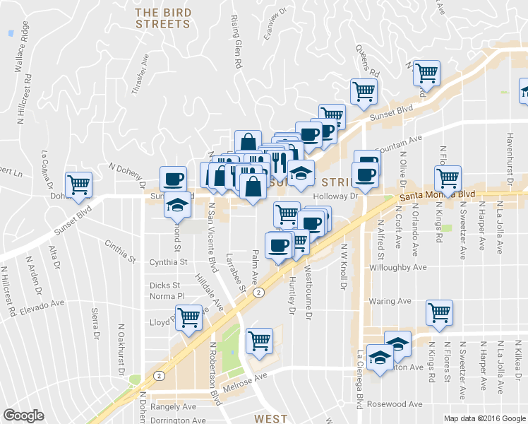 map of restaurants, bars, coffee shops, grocery stores, and more near in West Hollywood