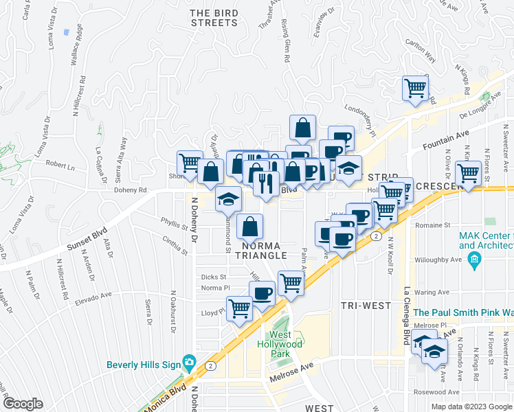 map of restaurants, bars, coffee shops, grocery stores, and more near 8906 Sunset Boulevard in West Hollywood