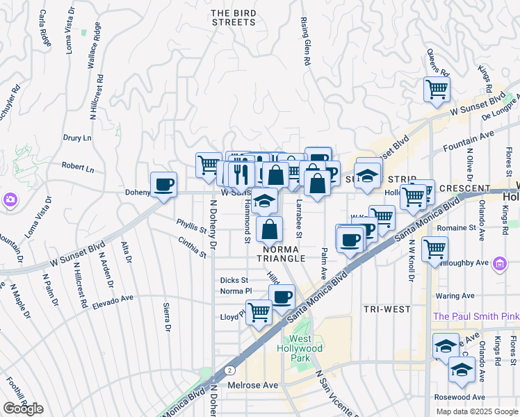 map of restaurants, bars, coffee shops, grocery stores, and more near 8961 Sunset Boulevard in West Hollywood