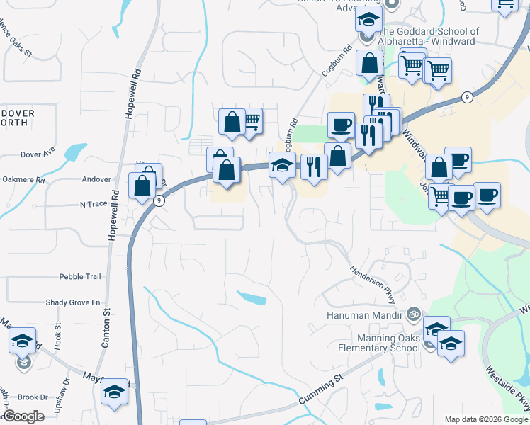 map of restaurants, bars, coffee shops, grocery stores, and more near 231 Water Oak Place in Alpharetta