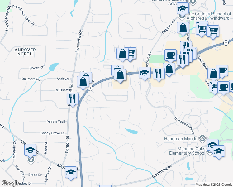 map of restaurants, bars, coffee shops, grocery stores, and more near 900 Winthrope Chase Court in Alpharetta