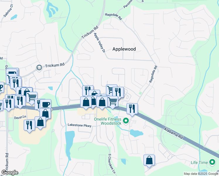 map of restaurants, bars, coffee shops, grocery stores, and more near 145 Village Trace in Woodstock