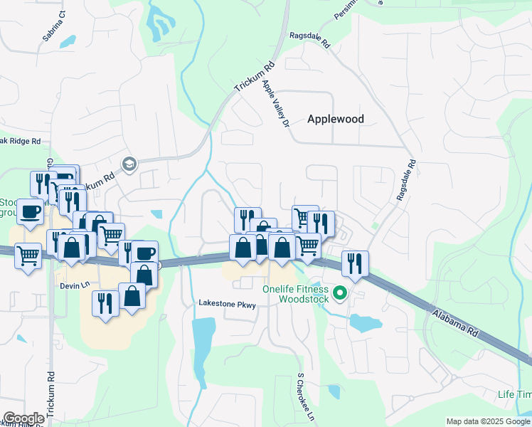 map of restaurants, bars, coffee shops, grocery stores, and more near 110 Weatherstone Drive in Woodstock