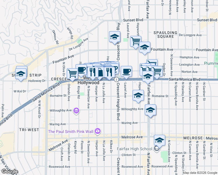 map of restaurants, bars, coffee shops, grocery stores, and more near 1033 Havenhurst Drive in West Hollywood