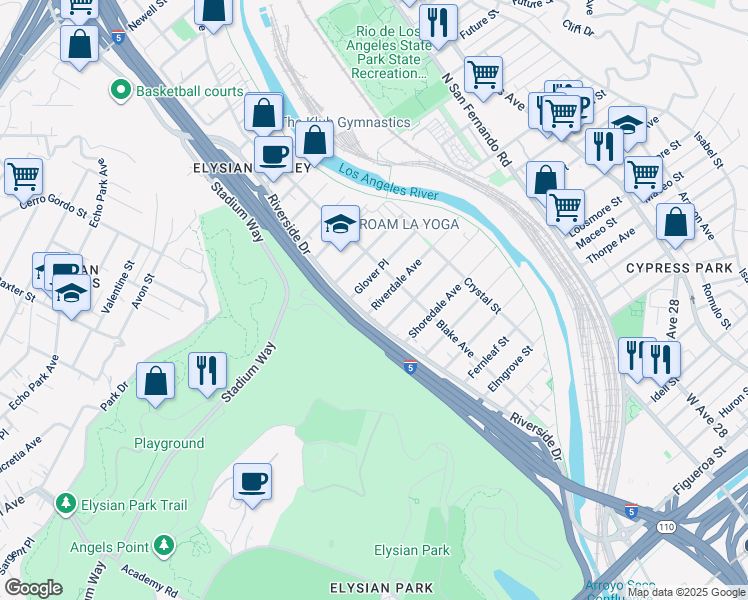 map of restaurants, bars, coffee shops, grocery stores, and more near 2233 Riverdale Avenue in Los Angeles