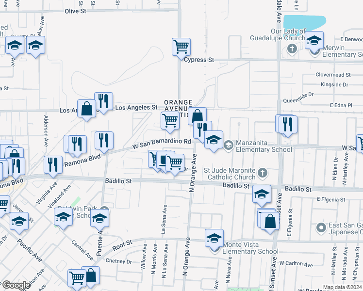 map of restaurants, bars, coffee shops, grocery stores, and more near 1829 West Palm Drive in West Covina