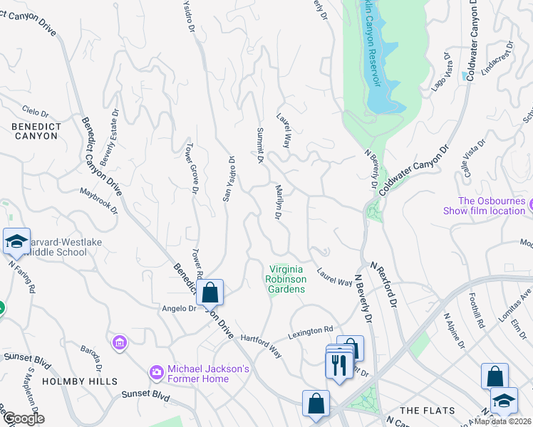 map of restaurants, bars, coffee shops, grocery stores, and more near 1140 Summit Drive in Beverly Hills
