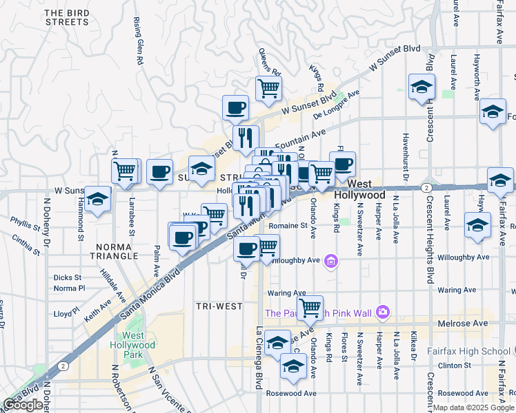 map of restaurants, bars, coffee shops, grocery stores, and more near 8510 Holloway Drive in West Hollywood