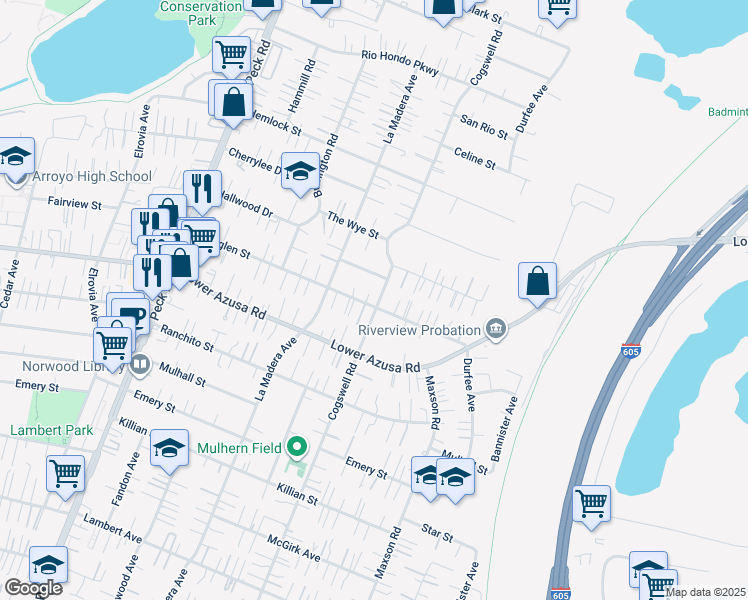 map of restaurants, bars, coffee shops, grocery stores, and more near 11961 Roseglen Street in El Monte