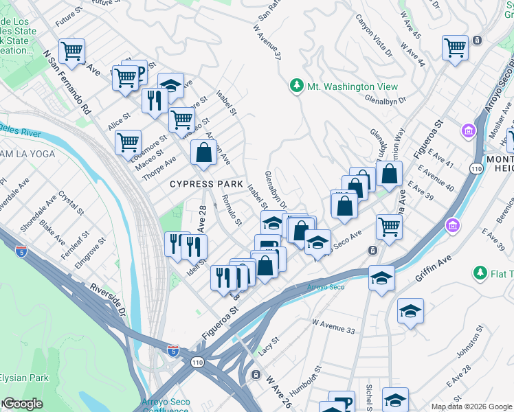 map of restaurants, bars, coffee shops, grocery stores, and more near 3501 Glenalbyn Drive in Los Angeles