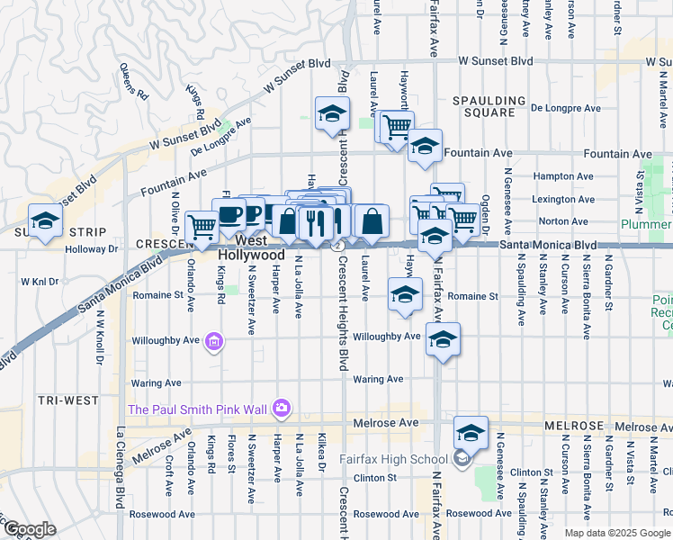 map of restaurants, bars, coffee shops, grocery stores, and more near 8120 Santa Monica Boulevard in West Hollywood