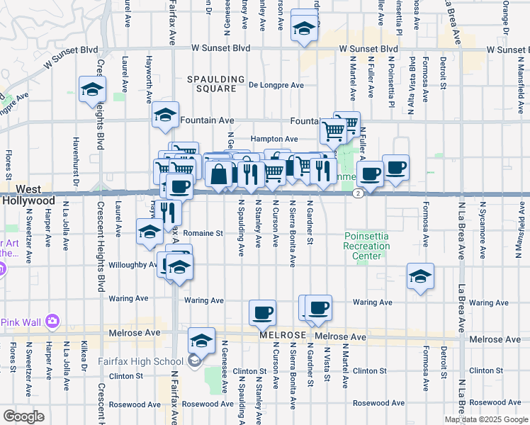 map of restaurants, bars, coffee shops, grocery stores, and more near 1036 North Stanley Avenue in West Hollywood