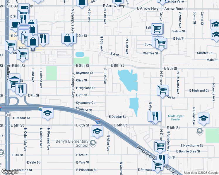map of restaurants, bars, coffee shops, grocery stores, and more near in Upland