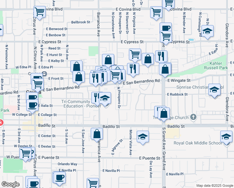 map of restaurants, bars, coffee shops, grocery stores, and more near 375 North Prospero Drive in Covina