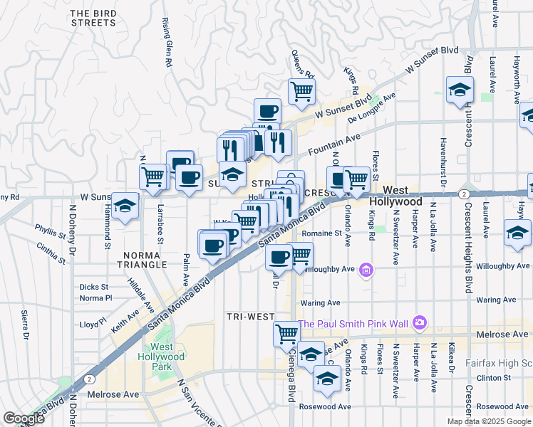 map of restaurants, bars, coffee shops, grocery stores, and more near 8558 Holloway Drive in West Hollywood