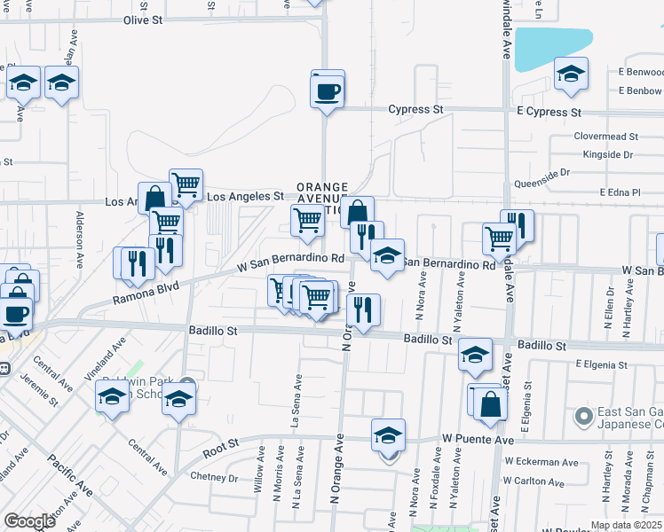 map of restaurants, bars, coffee shops, grocery stores, and more near 1823 West Palm Drive in West Covina