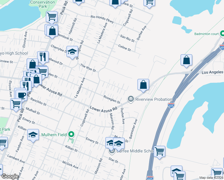 map of restaurants, bars, coffee shops, grocery stores, and more near 12058 Hallwood Drive in El Monte