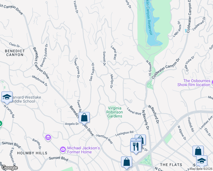 map of restaurants, bars, coffee shops, grocery stores, and more near 1140 Summit Drive in Beverly Hills