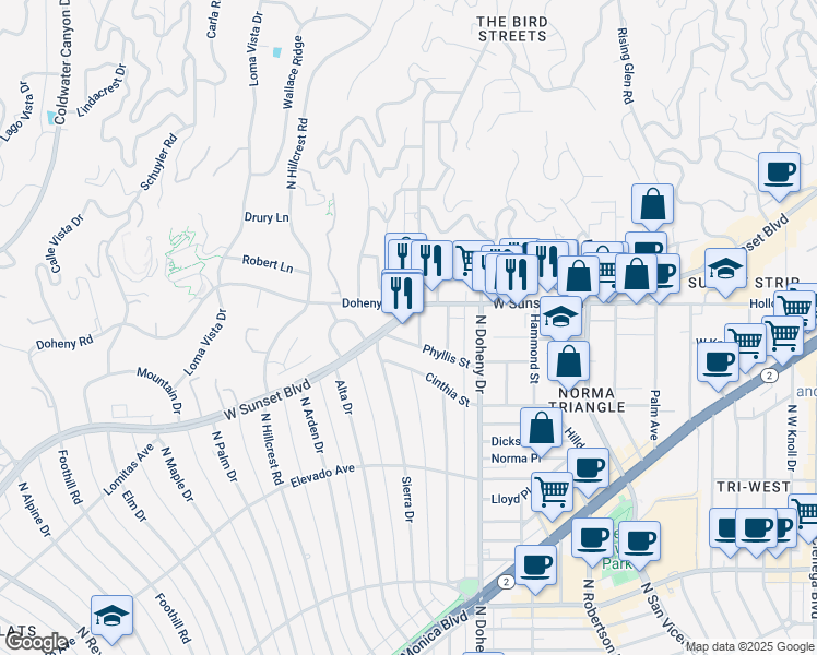 map of restaurants, bars, coffee shops, grocery stores, and more near 9200 Sunset Boulevard in West Hollywood