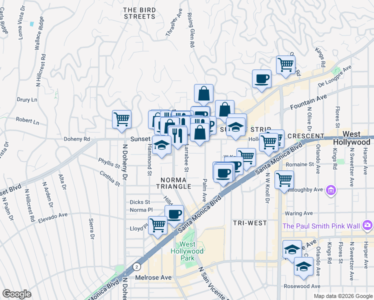 map of restaurants, bars, coffee shops, grocery stores, and more near 960 Larrabee Street in West Hollywood