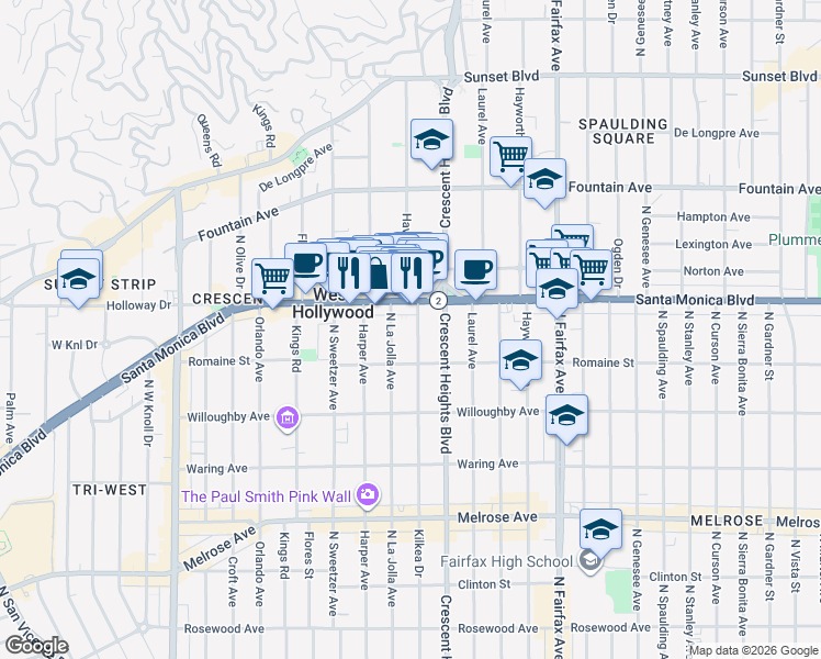 map of restaurants, bars, coffee shops, grocery stores, and more near 1033 Havenhurst Drive in West Hollywood