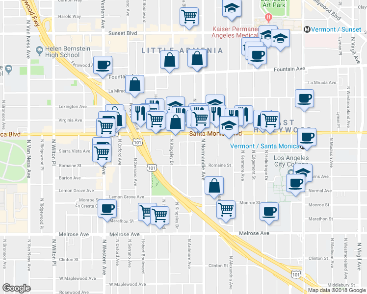 map of restaurants, bars, coffee shops, grocery stores, and more near 1045 North Ardmore Avenue in Los Angeles