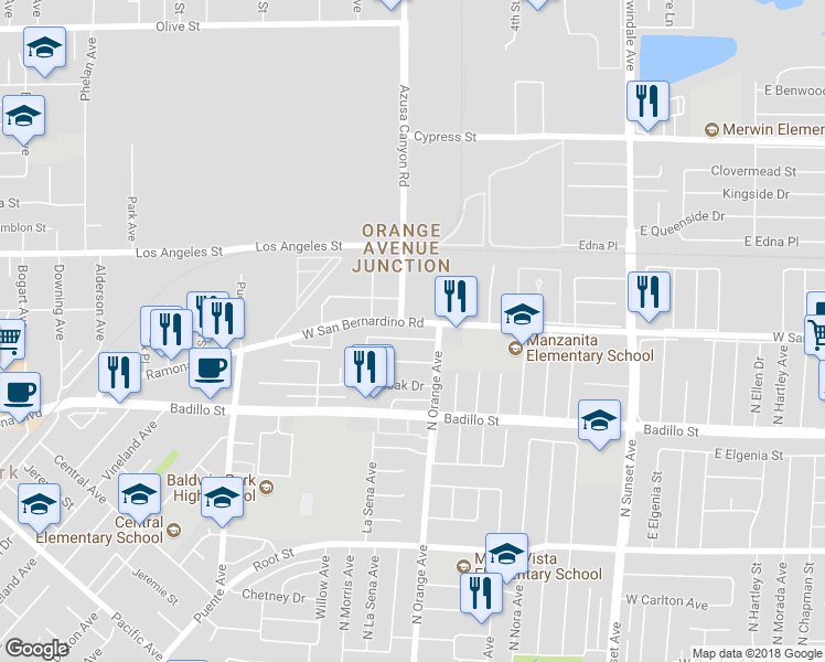 map of restaurants, bars, coffee shops, grocery stores, and more near 1823 West Palm Drive in West Covina