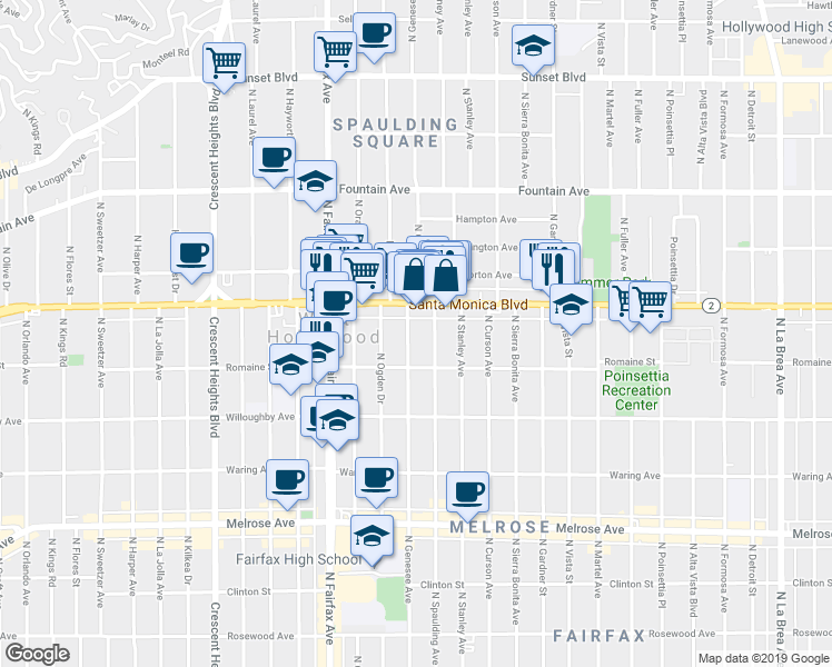 map of restaurants, bars, coffee shops, grocery stores, and more near 1036 North Genesee Avenue in West Hollywood