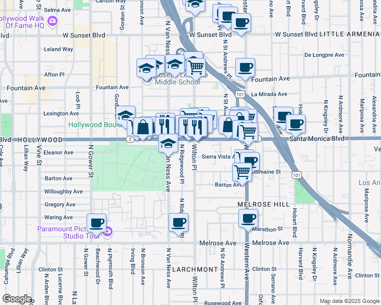 map of restaurants, bars, coffee shops, grocery stores, and more near 1057 Wilton Place in Los Angeles