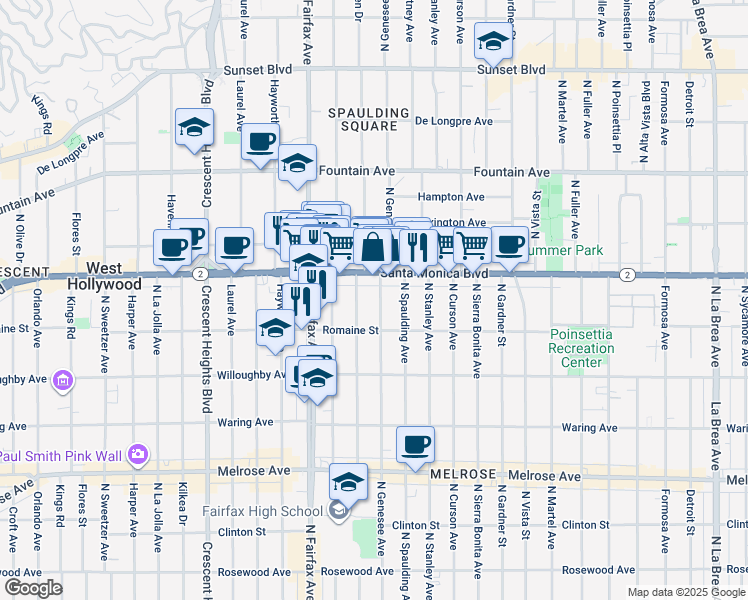 map of restaurants, bars, coffee shops, grocery stores, and more near in West Hollywood