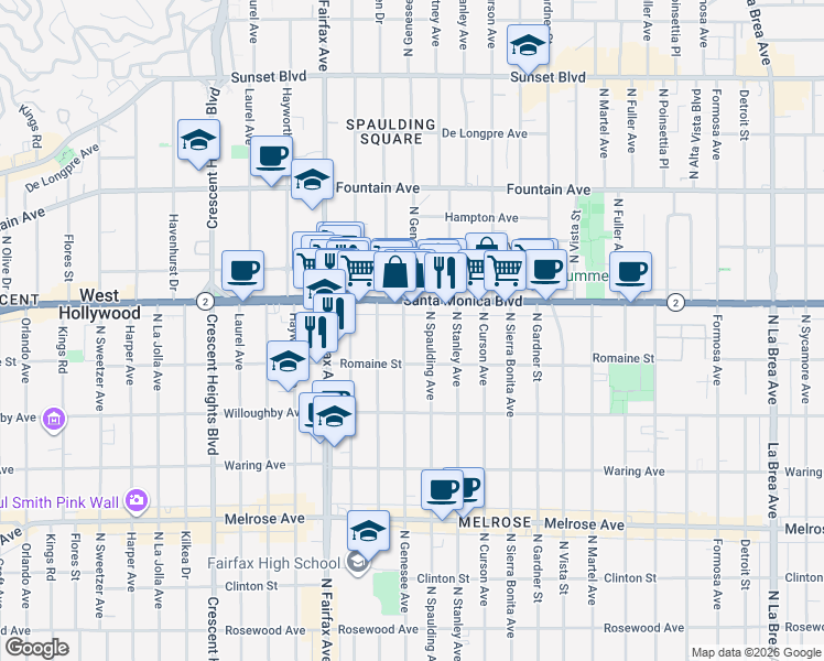 map of restaurants, bars, coffee shops, grocery stores, and more near in West Hollywood