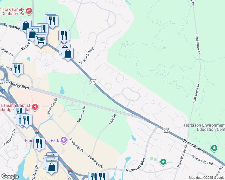 map of restaurants, bars, coffee shops, grocery stores, and more near 45 Bradstone Circle in Irmo