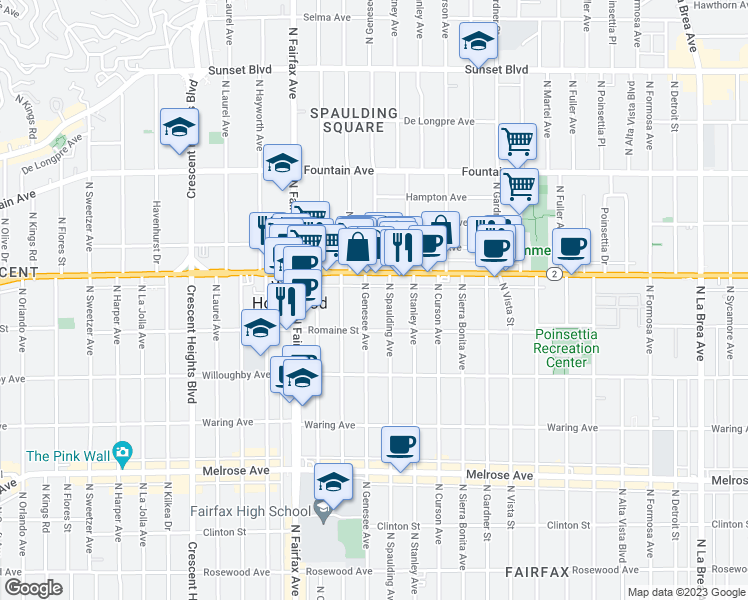 map of restaurants, bars, coffee shops, grocery stores, and more near 1036 North Genesee Avenue in West Hollywood