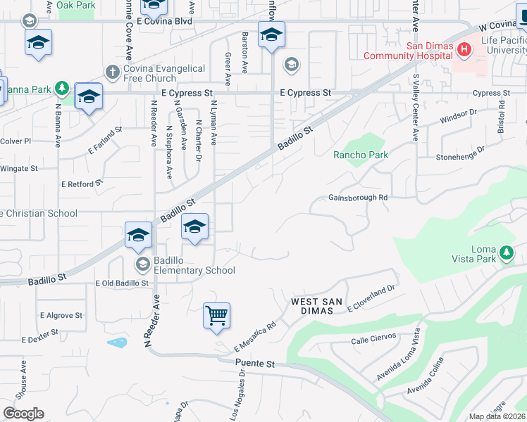 map of restaurants, bars, coffee shops, grocery stores, and more near 4215 North Sunflower Avenue in Covina