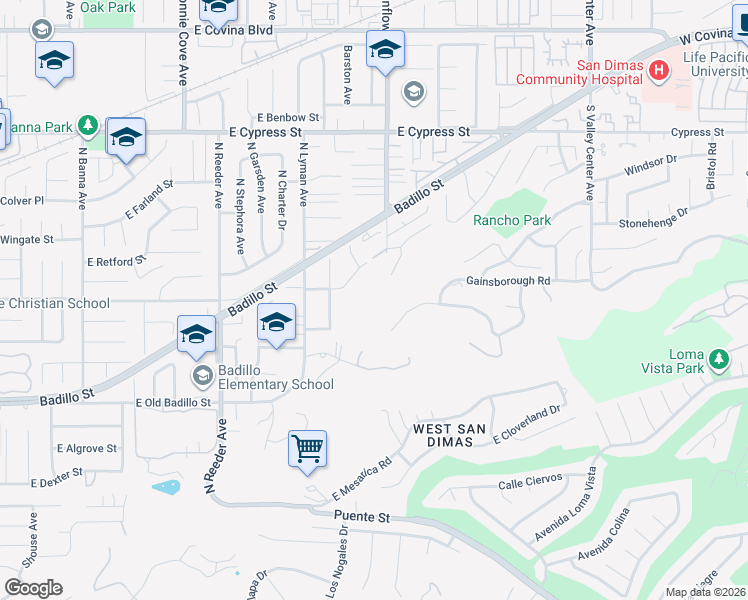 map of restaurants, bars, coffee shops, grocery stores, and more near 4215 North Sunflower Avenue in Covina