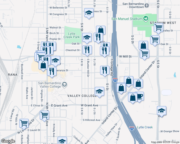 map of restaurants, bars, coffee shops, grocery stores, and more near 568 South J Street in San Bernardino