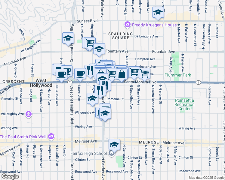 map of restaurants, bars, coffee shops, grocery stores, and more near 1036 North Orange Grove Avenue in West Hollywood