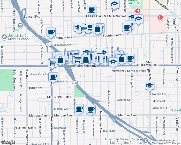 map of restaurants, bars, coffee shops, grocery stores, and more near 1045 North Ardmore Avenue in Los Angeles