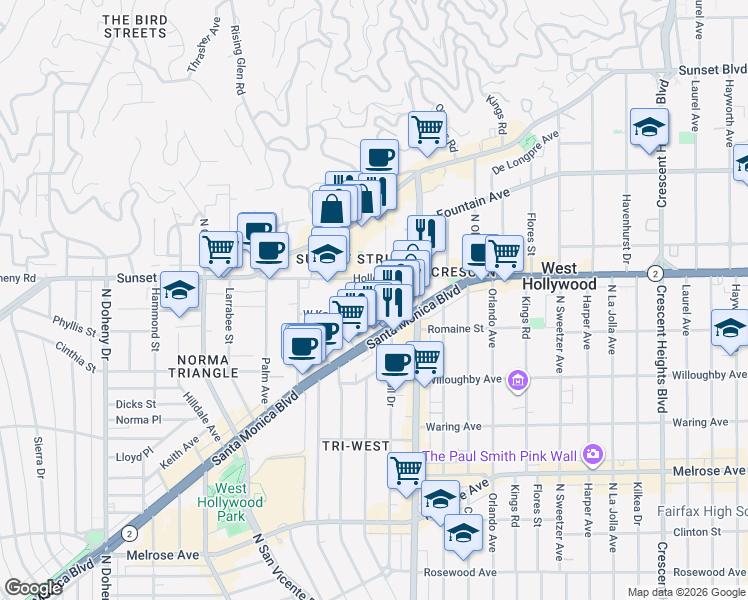 map of restaurants, bars, coffee shops, grocery stores, and more near 8557 West Knoll Drive in West Hollywood