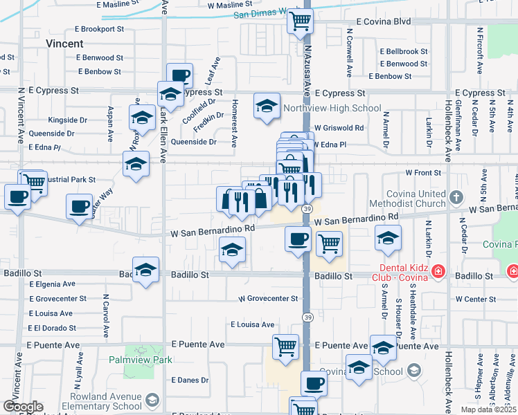 map of restaurants, bars, coffee shops, grocery stores, and more near 688 North Rimsdale Avenue in Covina