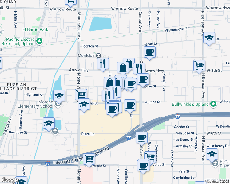 map of restaurants, bars, coffee shops, grocery stores, and more near 5150 North Montclair Plaza Lane in Montclair