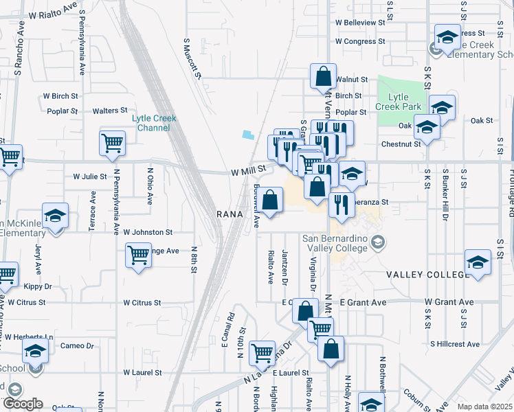 map of restaurants, bars, coffee shops, grocery stores, and more near North Bordwell Avenue in Colton